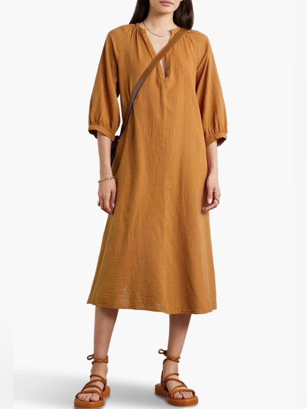 HONORINE Bianca Brown Cotton Gauze Midi Dress Small